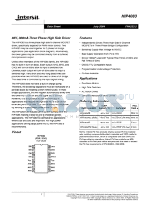 HIP4083ABZ datasheet - 80V, 300mA Three Phase High Side Driver