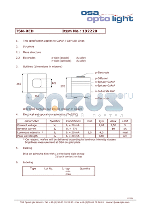 192220 datasheet - GaAsP / GaP LED Chips