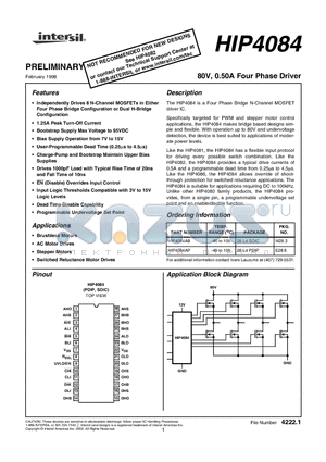 HIP4084AP datasheet - 80V, 0.50A Four Phase Driver