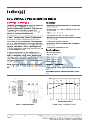 HIP4086APZ datasheet - 80V, 500mA, 3-Phase MOSFET Driver 1.25A peak turn-off current