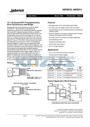 HIP5010IS datasheet - 7V, 17A SynchroFET Complementary Drive Synchronous Half-Bridge