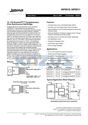 HIP5011IS1 datasheet - 7V, 17A SynchroFET Complementary Drive Synchronous Half-Bridge