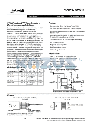 HIP5015 datasheet - 7V, 7A SynchroFET Complementary Drive Synchronous Half-Bridge