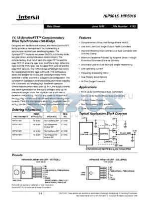 HIP5015IS datasheet - 7V, 7A SynchroFET Complementary Drive Synchronous Half-Bridge