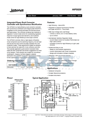 HIP5020 datasheet - Integrated-Power Buck Converter Controller with Synchronous Rectification