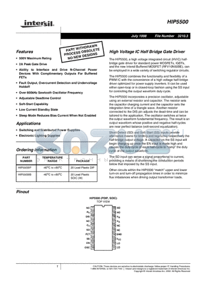 HIP5500 datasheet - High Voltage IC Half Bridge Gate Driver