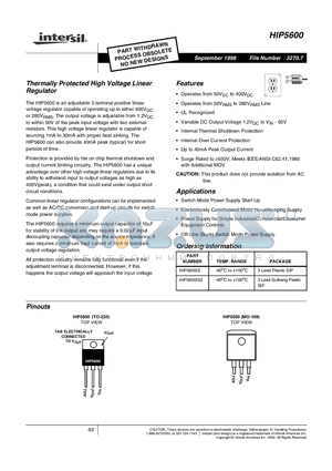 HIP5600 datasheet - Thermally Protected High Voltage Linear Regulator
