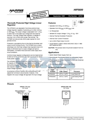 HIP5600IS datasheet - Thermally Protected High Voltage Linear Regulator