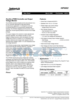 HIP6002 datasheet - Rectifier (PWM) Controller and Output Voltage Monitor