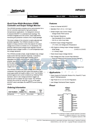 HIP6003 datasheet - Buck Pulse-Width Modulator (PWM) Controller and Output Voltage Monitor