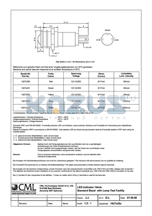 1927X250 datasheet - LED Indicator 14mm Standard Bezel with Lamp Test Facility