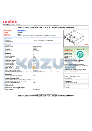 90156-0155 datasheet - 2.54mm (.100) Pitch C-Grid III Crimp Housing - Single Row, 15 Circuits