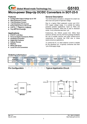 G5103T11U datasheet - Micro-power Step-Up DC/DC Converters in SOT-23-5