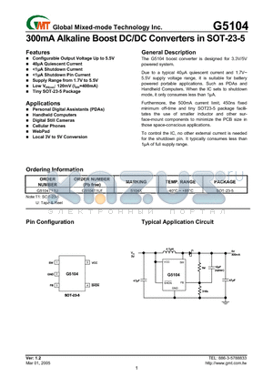 G5104 datasheet - 300mA Alkaline Boost DC/DC Converters in SOT-23-5
