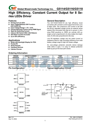 G5116 datasheet - High Efficiency, Constant Current Output for 8 Series LEDs Driver