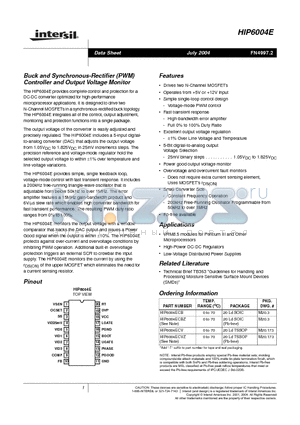 HIP6004ECVZ datasheet - Buck and Synchronous-Rectifier (PWM) Controller and Output Voltage Monitor