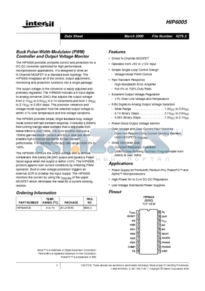 HIP6005 datasheet - Buck Pulse-Width Modulator (PWM) Controller and Output Voltage Monitor