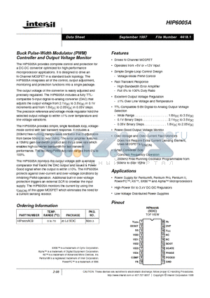 HIP6005A datasheet - Buck Pulse-Width Modulator (PWM) Controller and Output Voltage Monitor