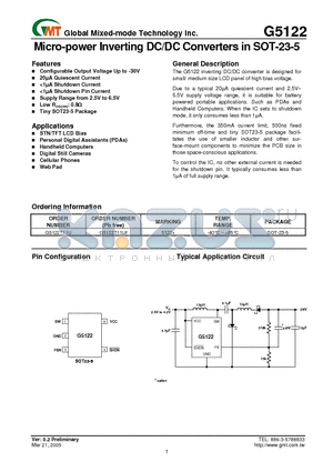 G5122 datasheet - Micro-power Inverting DC/DC Converters in SOT-23-5