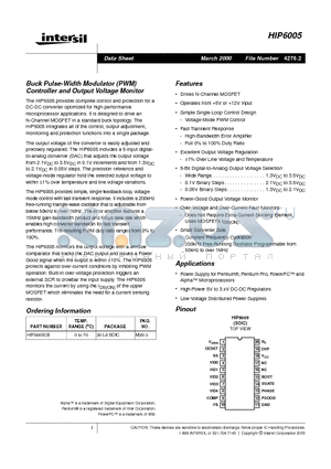 HIP6005CB datasheet - Buck Pulse-Width Modulator (PWM) Controller and Output Voltage Monitor