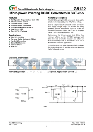 G5122T11U datasheet - Micro-power Inverting DC/DC Converters in SOT-23-5