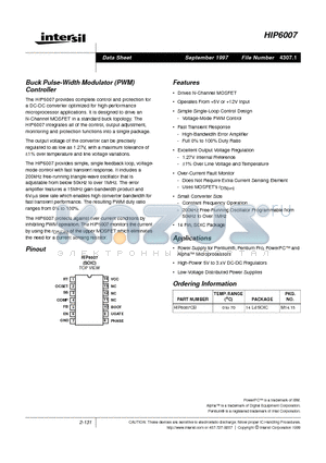 HIP6007 datasheet - Buck Pulse-Width Modulator (PWM) Controller