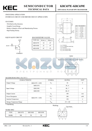 KRC658E datasheet - EPITAXIAL PLANAR NPN TRANSISTOR (SWITCHING, INTERFACE CIRCUIT AND DRIVER CIRCUIT)