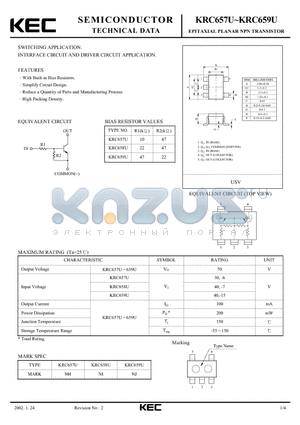 KRC659U datasheet - EPITAXIAL PLANAR NPN TRANSISTOR (SWITCHING, INTERFACE CIRCUIT AND DRIVER CIRCUIT)