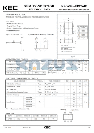 KRC662E datasheet - EPITAXIAL PLANAR NPN TRANSISTOR (SWITCHING, INTERFACE CIRCUIT AND DRIVER CIRCUIT)