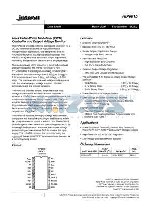 HIP6015 datasheet - Buck Pulse-Width Modulator (PWM) Controller and Output Voltage Monitor