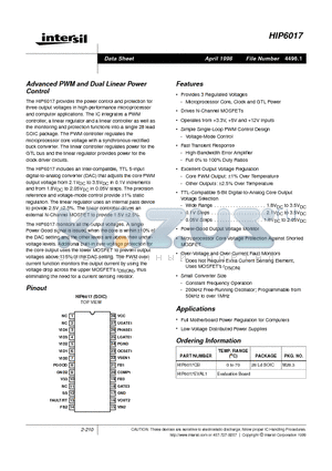 HIP6017 datasheet - Advanced PWM and Dual Linear Power Control