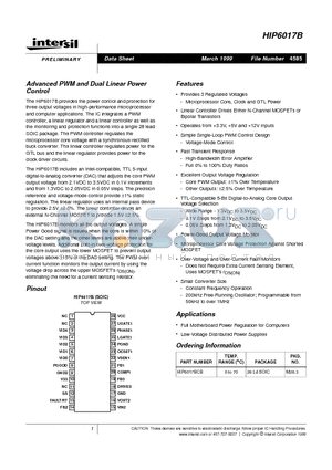 HIP6017B datasheet - Advanced PWM and Dual Linear Power Control