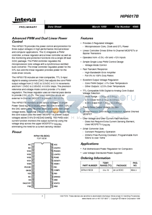 HIP6017BCB datasheet - Advanced PWM and Dual Linear Power Control