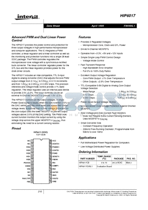 HIP6017CB datasheet - Advanced PWM and Dual Linear Power Control