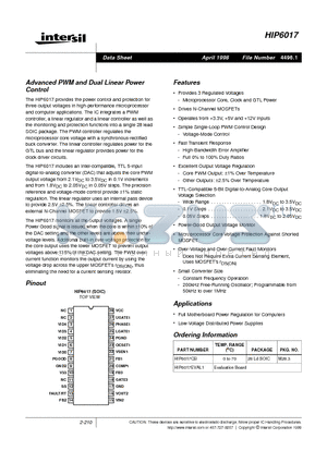 HIP6017EVAL1 datasheet - Advanced PWM and Dual Linear Power Control