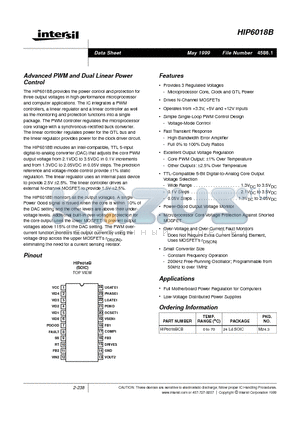 HIP6018B datasheet - Advanced PWM and Dual Linear Power Control