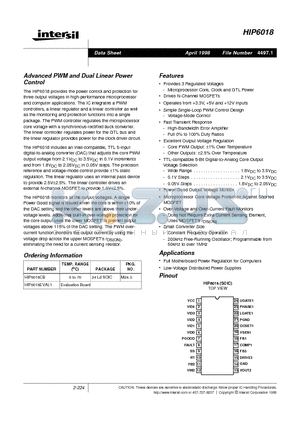 HIP6018EVAL1 datasheet - Advanced PWM and Dual Linear Power Control