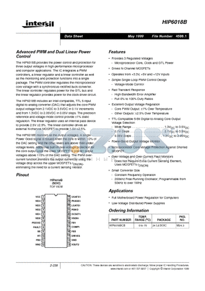 HIP6018BCB datasheet - Advanced PWM and Dual Linear Power Control