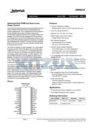 HIP6019CB datasheet - Advanced Dual PWM and Dual Linear Power Control