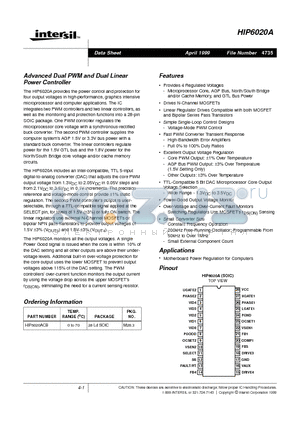 HIP6020A datasheet - Advanced Dual PWM and Dual Linear Power Controller