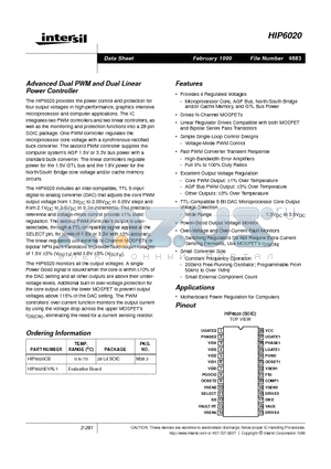 HIP6020 datasheet - Advanced Dual PWM and Dual Linear Power Controller