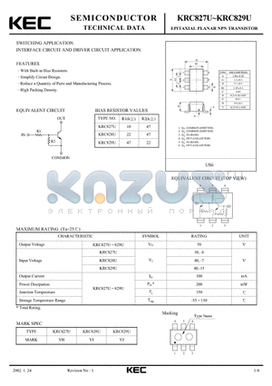 KRC827U datasheet - EPITAXIAL PLANAR NPN TRANSISTOR (SWITCHING, INTERFACE CIRCUIT AND DRIVER CIRCUIT)