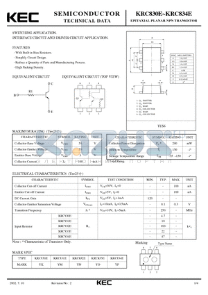 KRC834E datasheet - EPITAXIAL PLANAR NPN TRANSISTOR (SWITCHING, INTERFACE CIRCUIT AND DRIVER CIRCUIT)