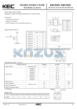 KRC837U datasheet - EPITAXIAL PLANAR NPN TRANSISTOR (SWITCHING, INTERFACE CIRCUIT AND DRIVER CIRCUIT)