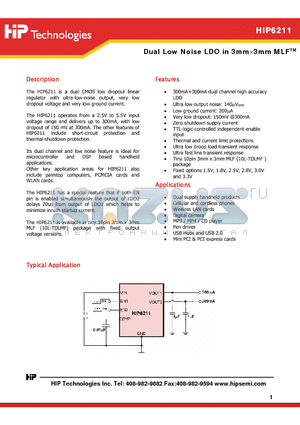 HIP6211-15UZ datasheet - Dual Low Noise LDO in 3mm3mm MLF