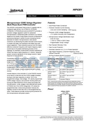 HIP6301CBZ datasheet - Microprocessor CORE Voltage Regulator Multi-Phase Buck PWM Controller