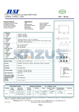 I631-31AB3H1-155.520 datasheet - 5 mm x 7 mm Ceramic Low Noise SMD VCXO, LVCMOS / LVPECL / LVDS