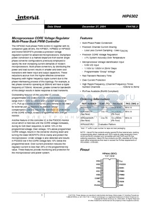 HIP6302CBZA datasheet - Microprocessor CORE Voltage Regulator Multi-Phase Buck PWM Controller