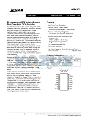 HIP6302EVAL1 datasheet - Microprocessor CORE Voltage Regulator Multi-Phase Buck PWM Controller