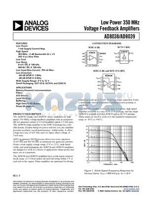 AD8038AR datasheet - Low Power 350 MHz Voltage Feedback Amplifiers